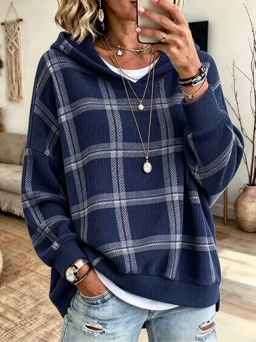 Retro Plaid Pattern Art Casual Stylish Long Sleeve Hooded Sweatshirt