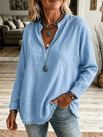 Retro Solid Color Art V Collar Casual Long Sleeve Cotton Linen Shirt