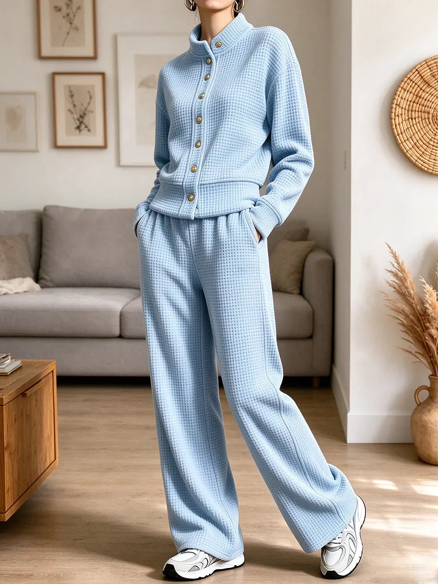 Vintage Chic Waffle Art Casual Stylish Long Sleeve Coat And Pants Two-piece Suit