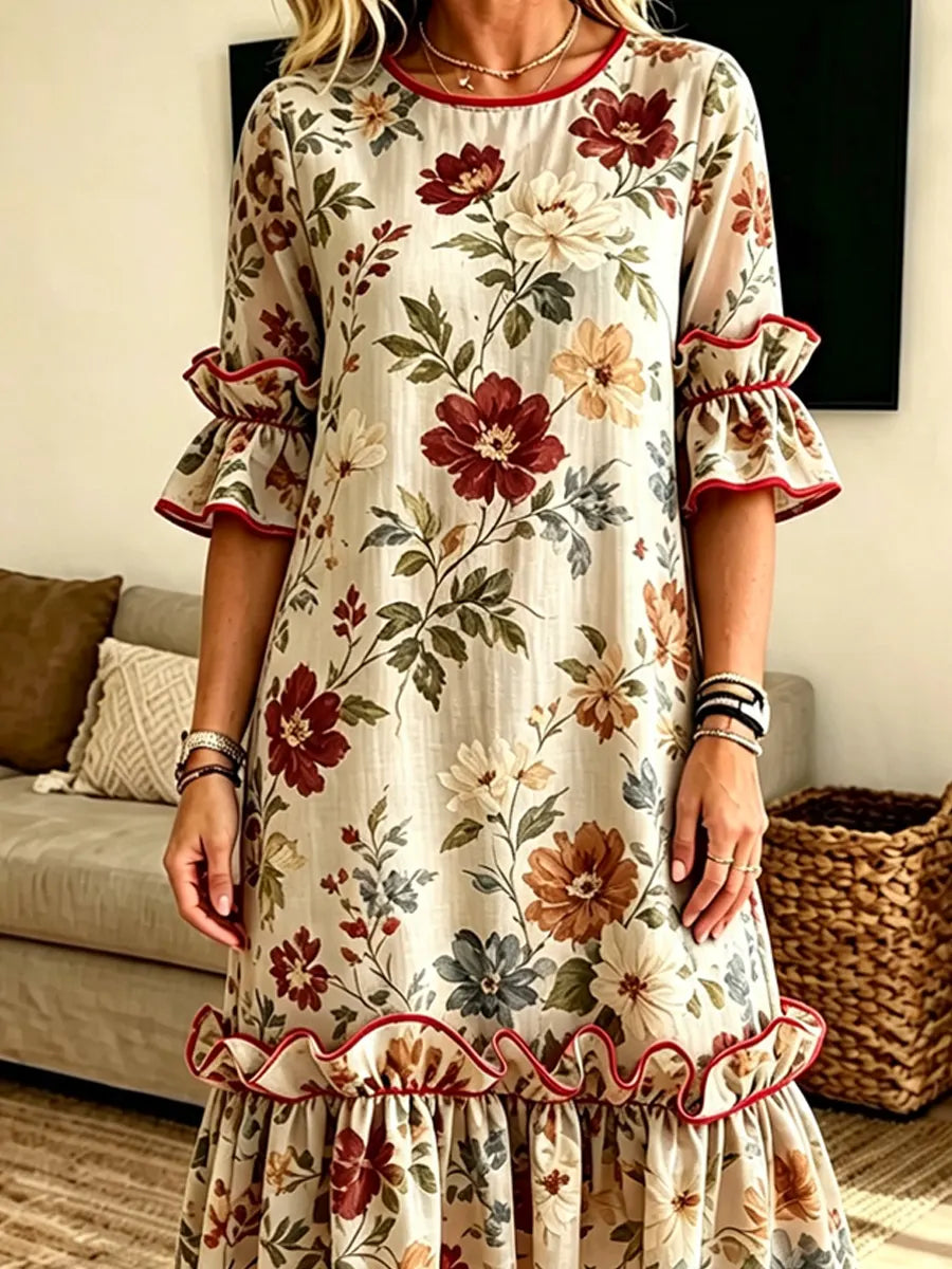 Retro Leopard Patchwork Pattern Art Print Casual Ruffle Stylish Cotton Linen Dress