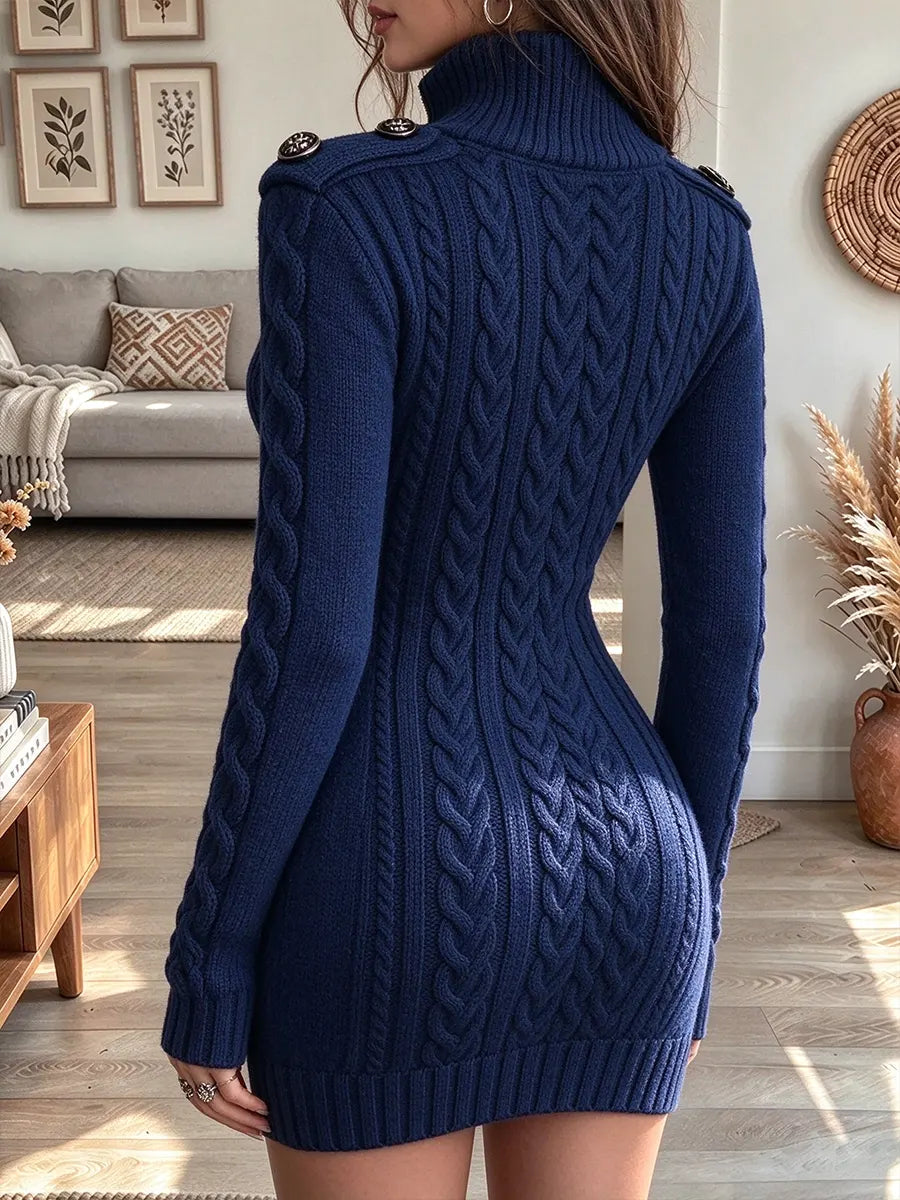 Women's Zipper Front High Neck Long Sleeve Slim Fit Knit Dress