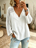 Women Solid Hollow Lace Spliced V-Neck 3/4 Sleeve Linen Blend Top