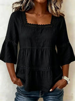 Retro Elegant Lace Floral Hollow Square Collar Casual Stylish Cotton Shirt