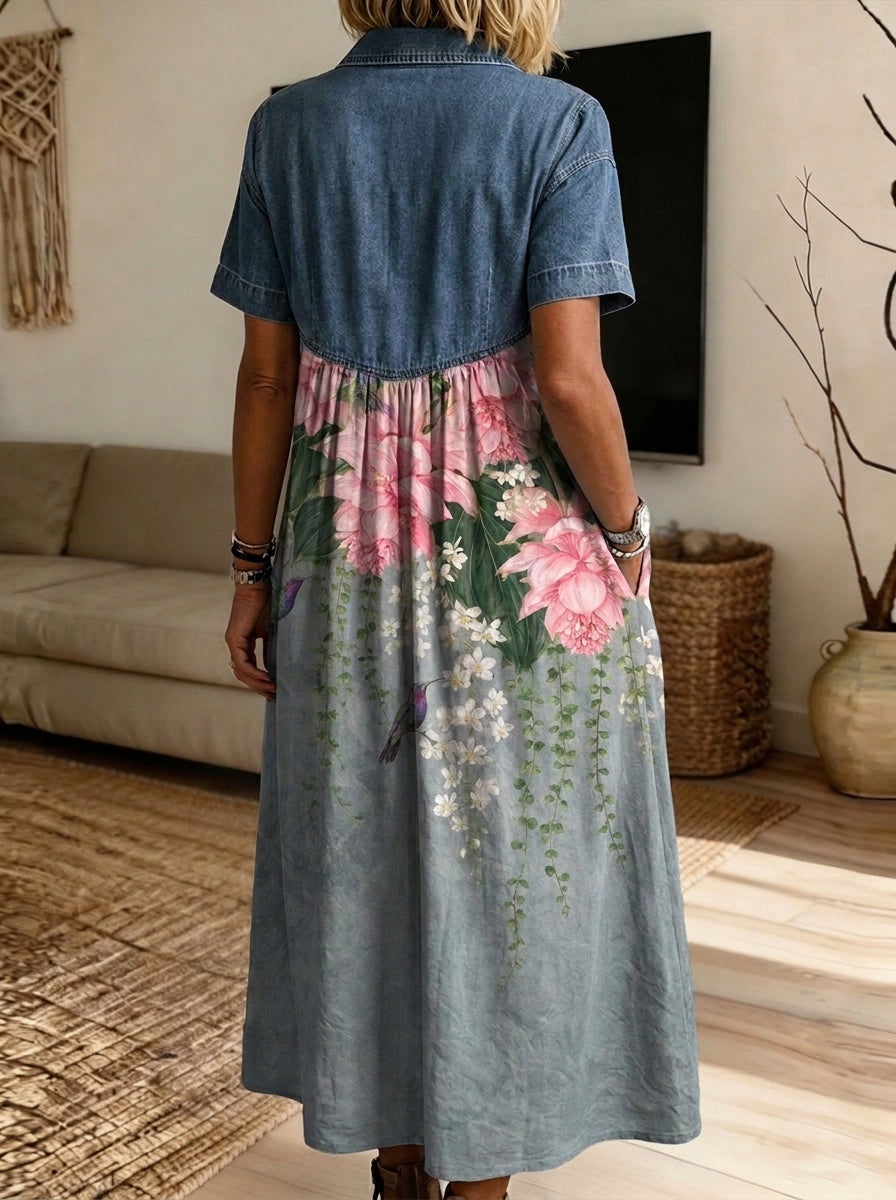 Women’s Denim Spliced Hummingbird Floral Print Midi Shirt Dress With Pockets
