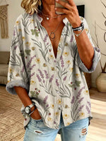 Retro Floral Bees Pattern Art Print Casual Long Sleeve Cotton Linen Shirt