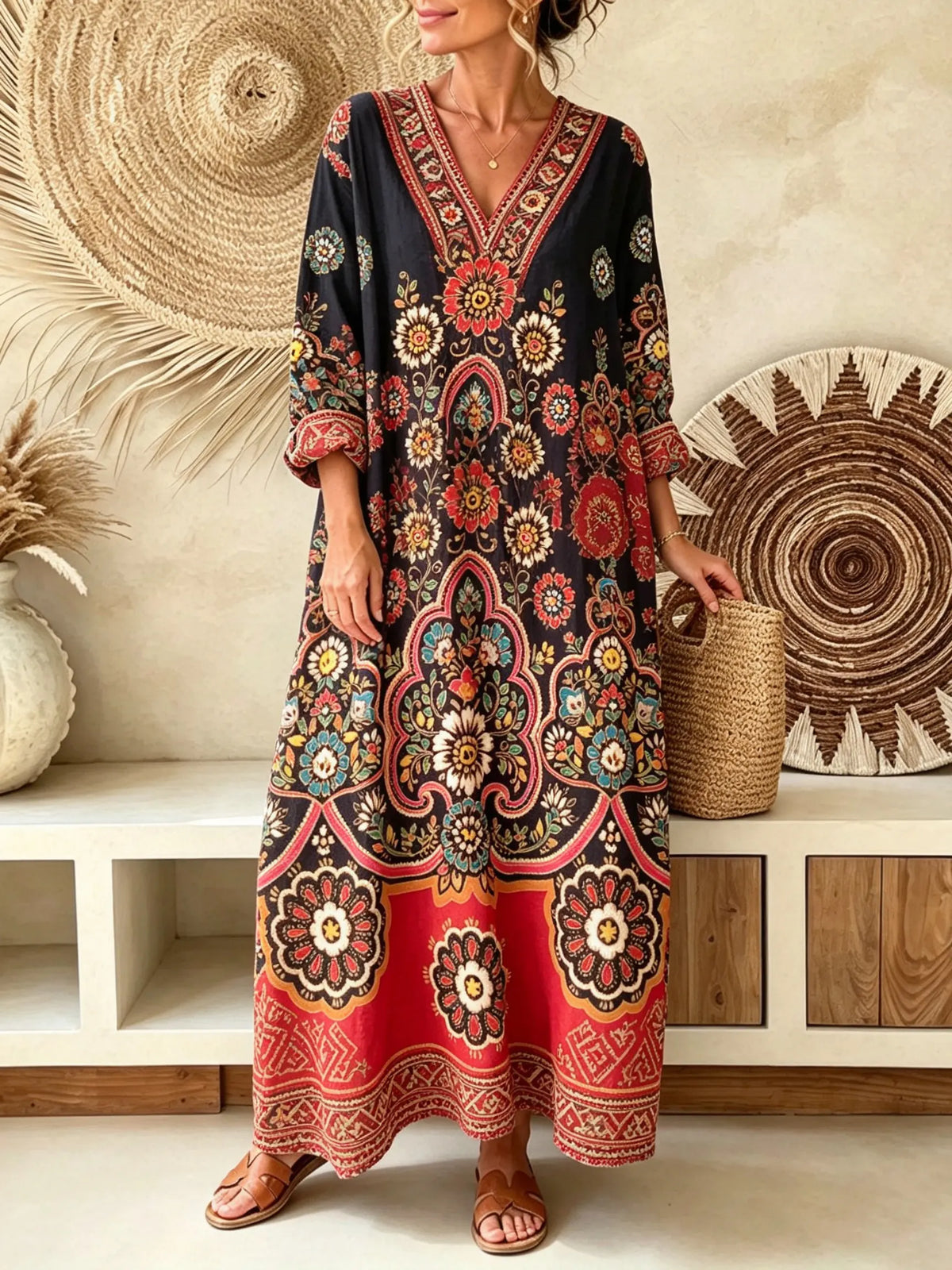 Women's Black Base Large Floral Ethnic V-Neck Loose Three-Quarter Sleeve Maxi Dress