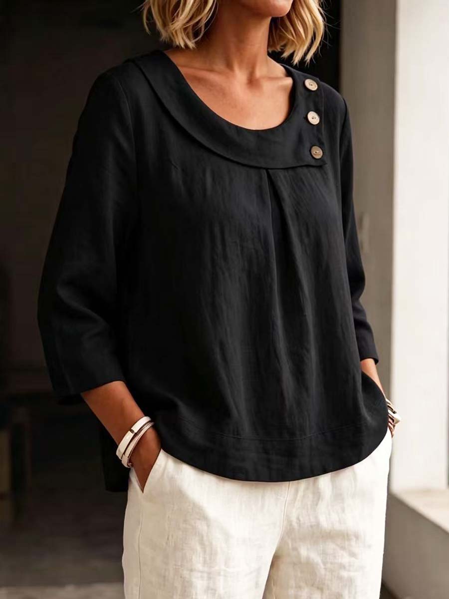 Elegant Round Collar Stylish 3/4 Sleeve Art Casual Cotton Linen Shirt