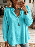 Retro Solid Color Art V Collar Casual Long Sleeve Cotton Linen Shirt