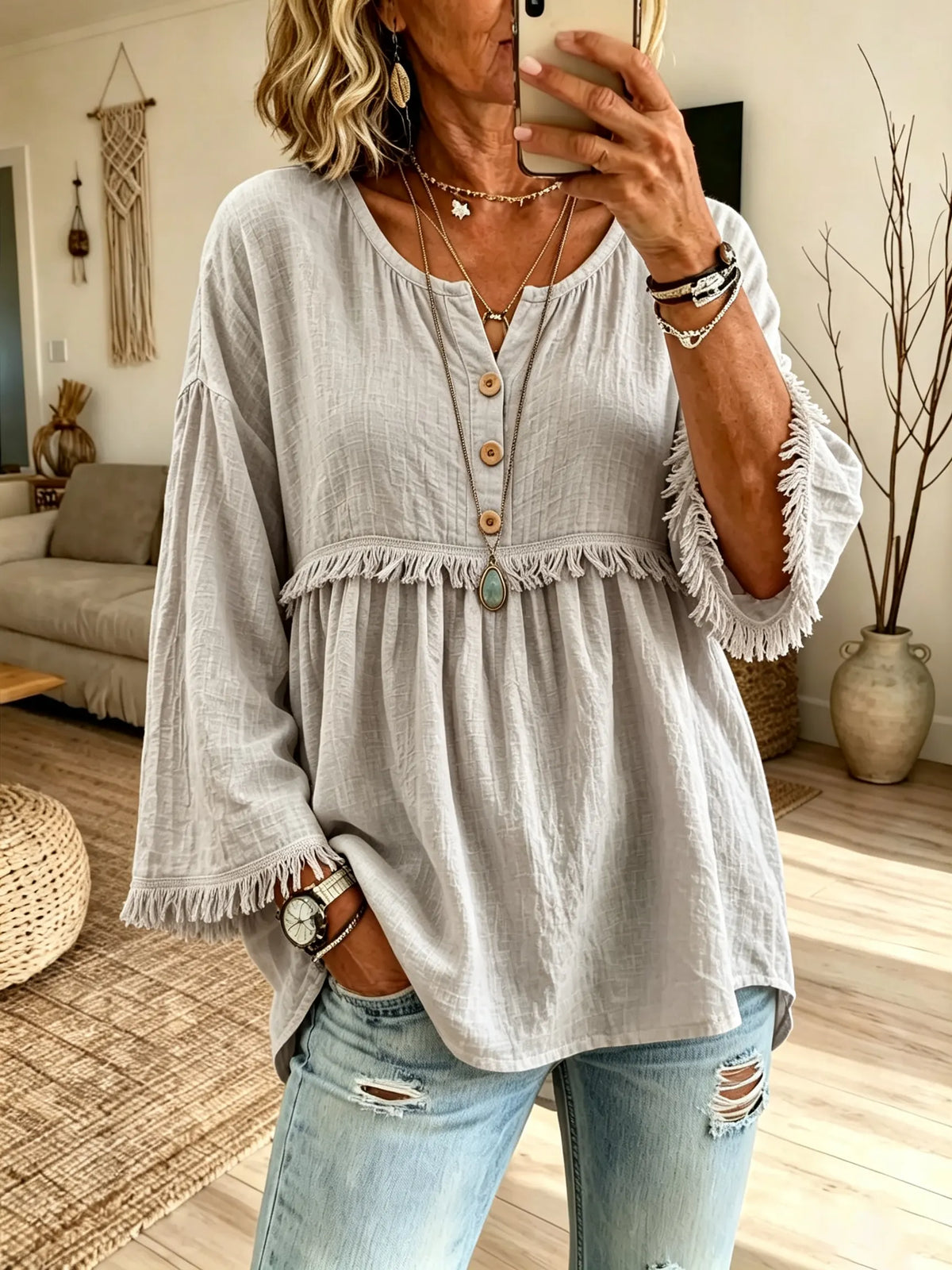 Women Fringe Trim Crew Neck Half Button 3/4 Sleeve Linen Blend Blouse