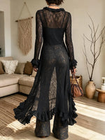 Women's Bohemian Ruffle V-neck Black Lace Long Cardigan