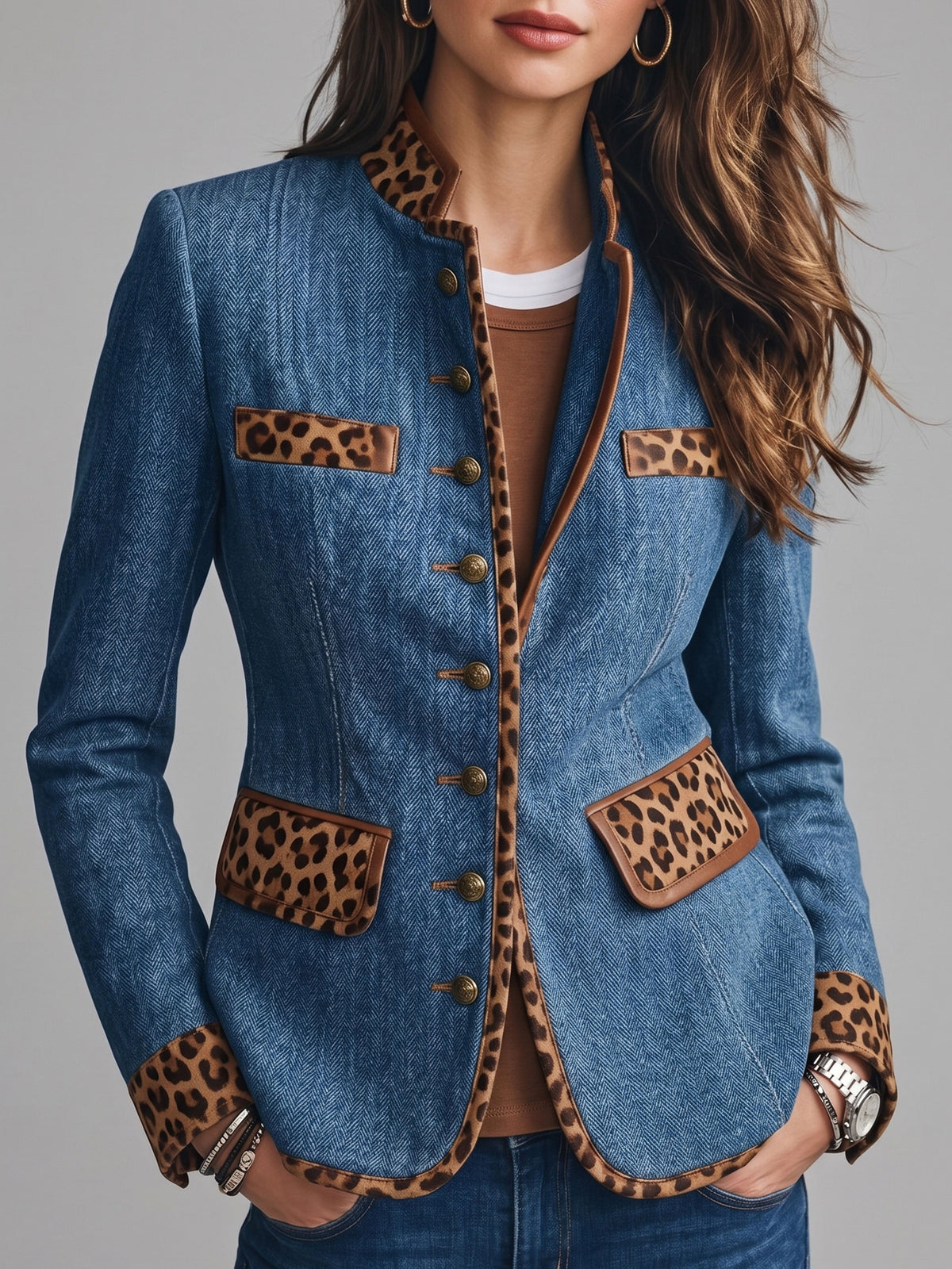 Women Herringbone Denim Jacket Leopard Trim Mandarin Collar Metal Button Slim Outerwear With Pockets