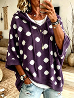 Women White Polka Dot Print Hooded Short Sleeve Knit Top