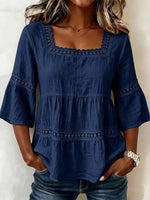 Retro Elegant Lace Floral Hollow Square Collar Casual Stylish Cotton Shirt