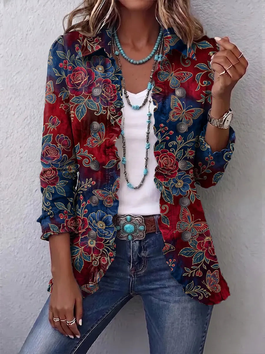Retro Floral Butterfly Pattern Art Print Ruffle Casual Stylish Cotton Lapel Coat