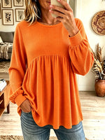 Women's Waffle Knit Long Sleeve Babydoll Top, Round Neck Puff Sleeve Loose Flowy Blouse