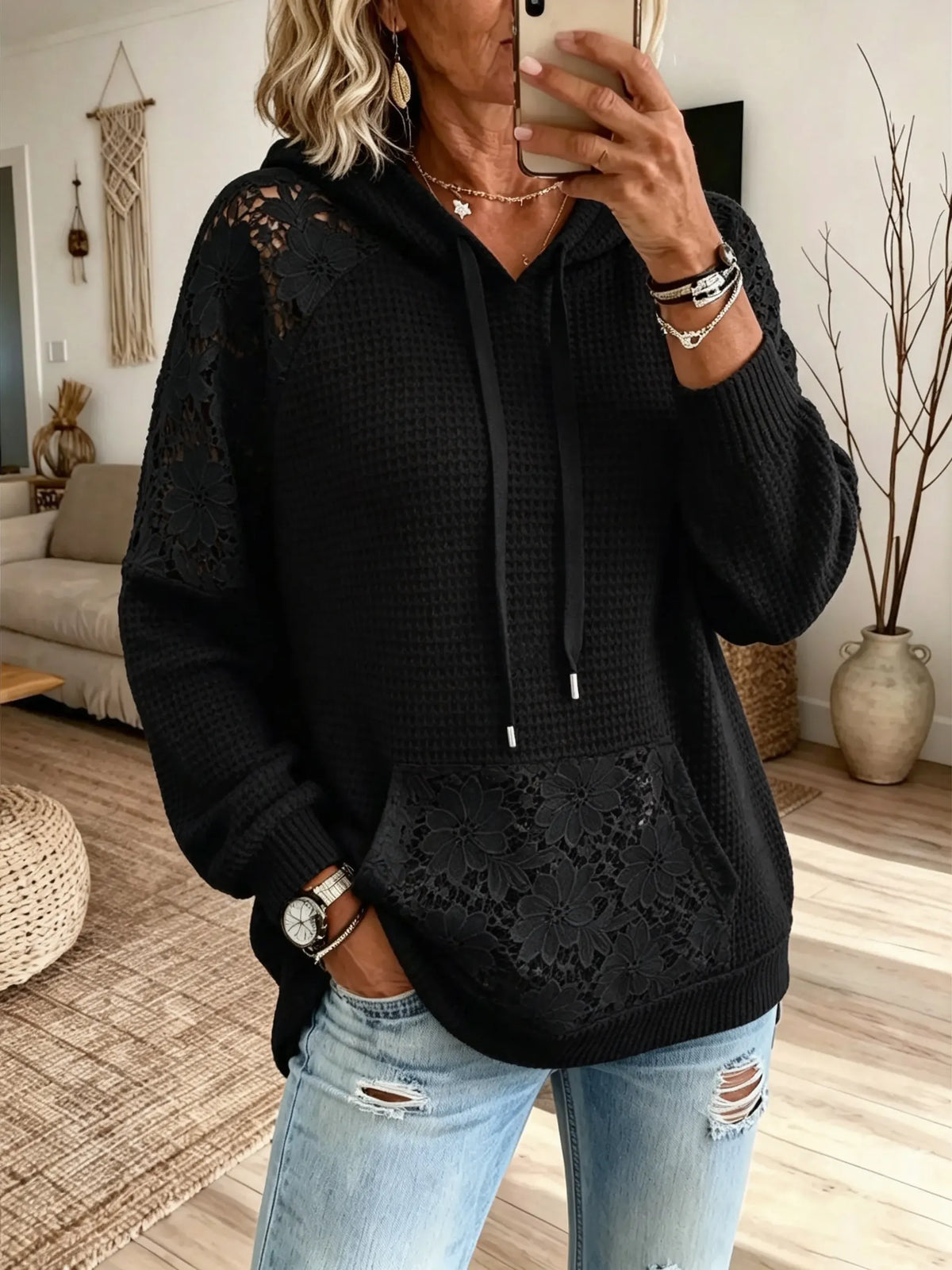 Women Floral Hollow‑Out Mesh Hooded Knit Sweatshirt