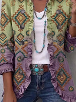 Retro Ethnic Pattern Art Print Ruffle Casual Stylish Cotton Lapel Coat