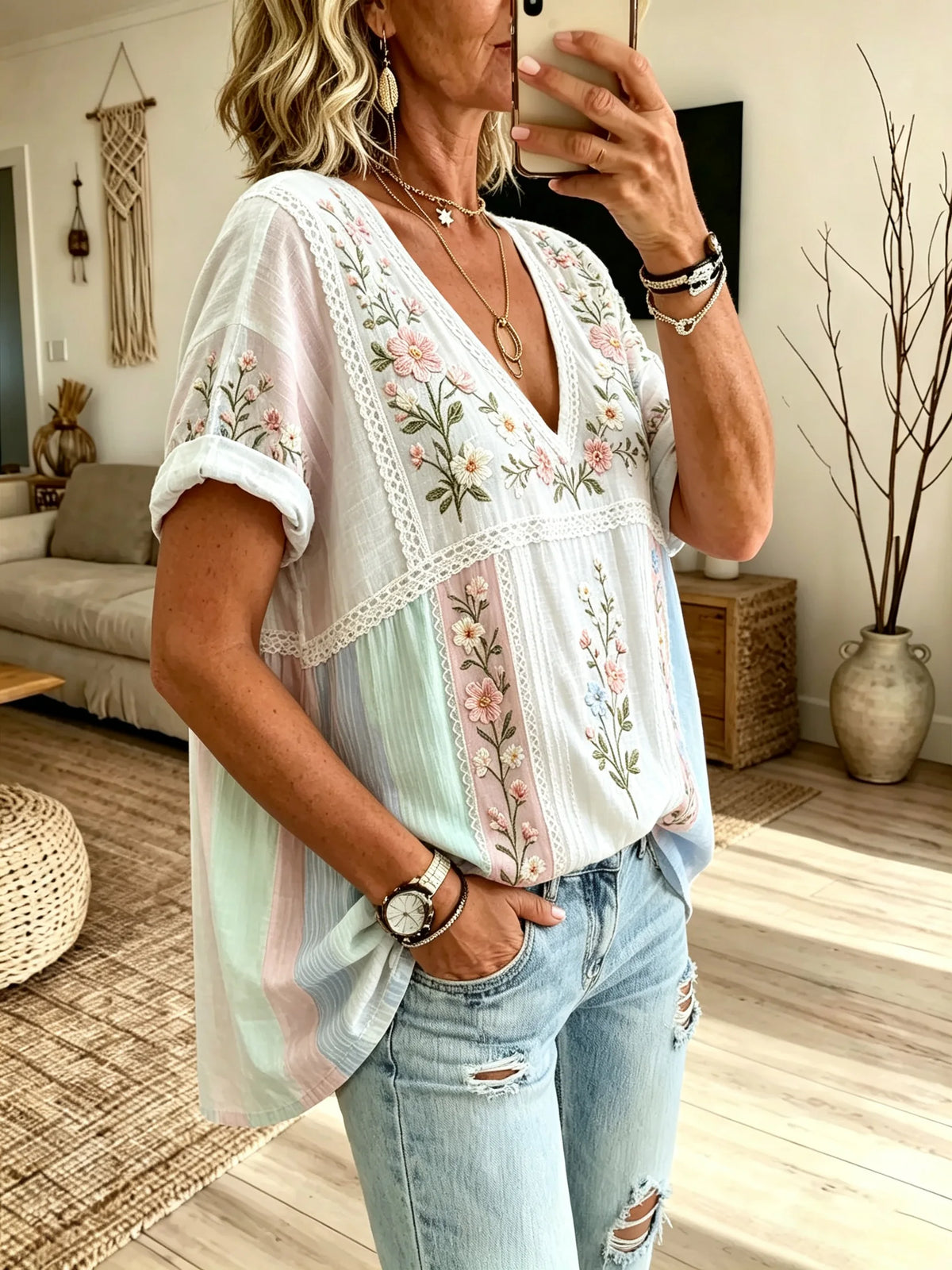 Women's Macaron Vertical Stripe Floral Print V-Neck Loose Short Sleeve Blouse