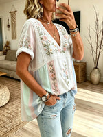 Women's Macaron Vertical Stripe Floral Print V-Neck Loose Short Sleeve Blouse
