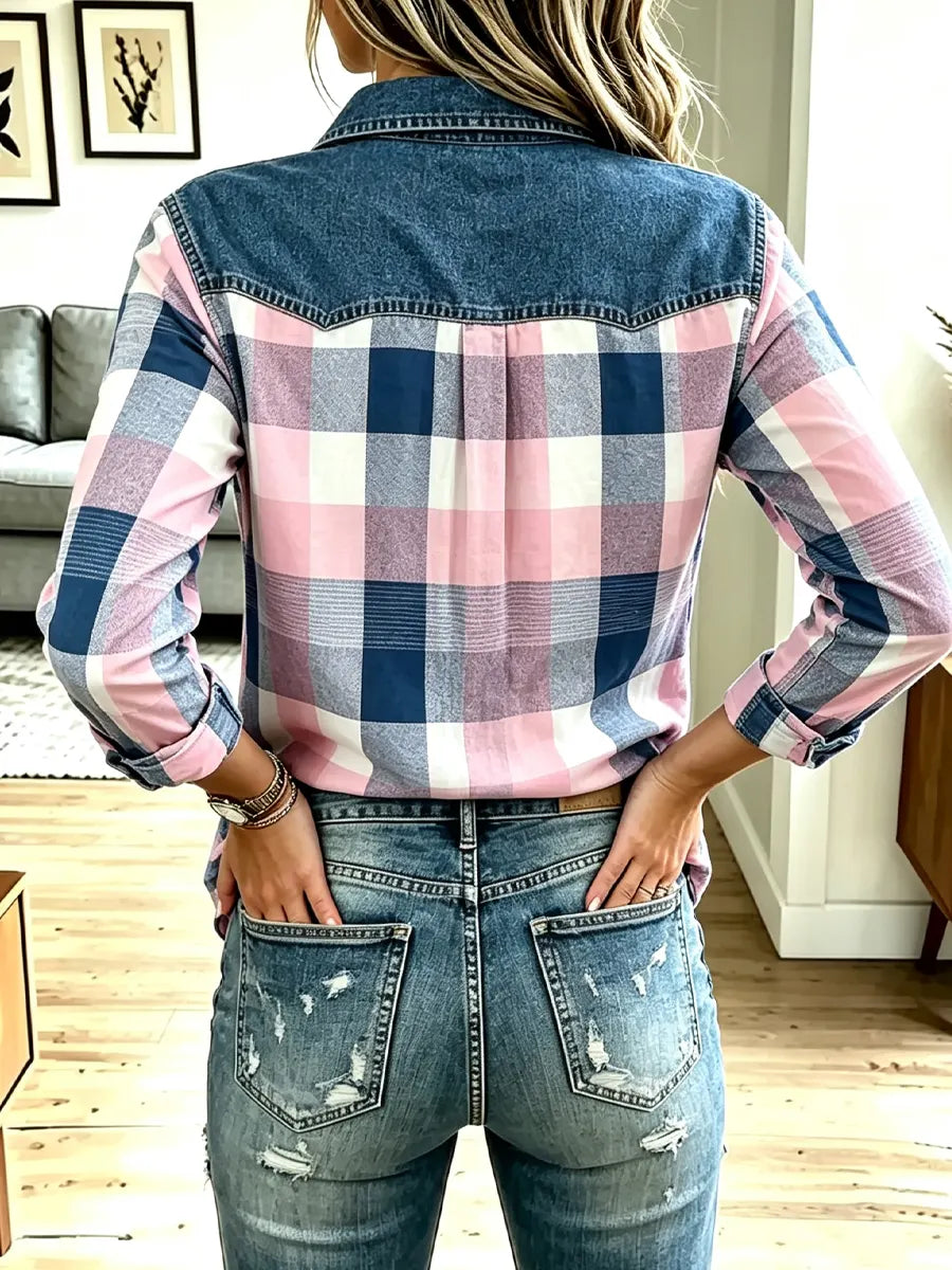 Vintage Plaid Pattern Art Denim Patchwork Casual Stylish Long Sleeve Shirt