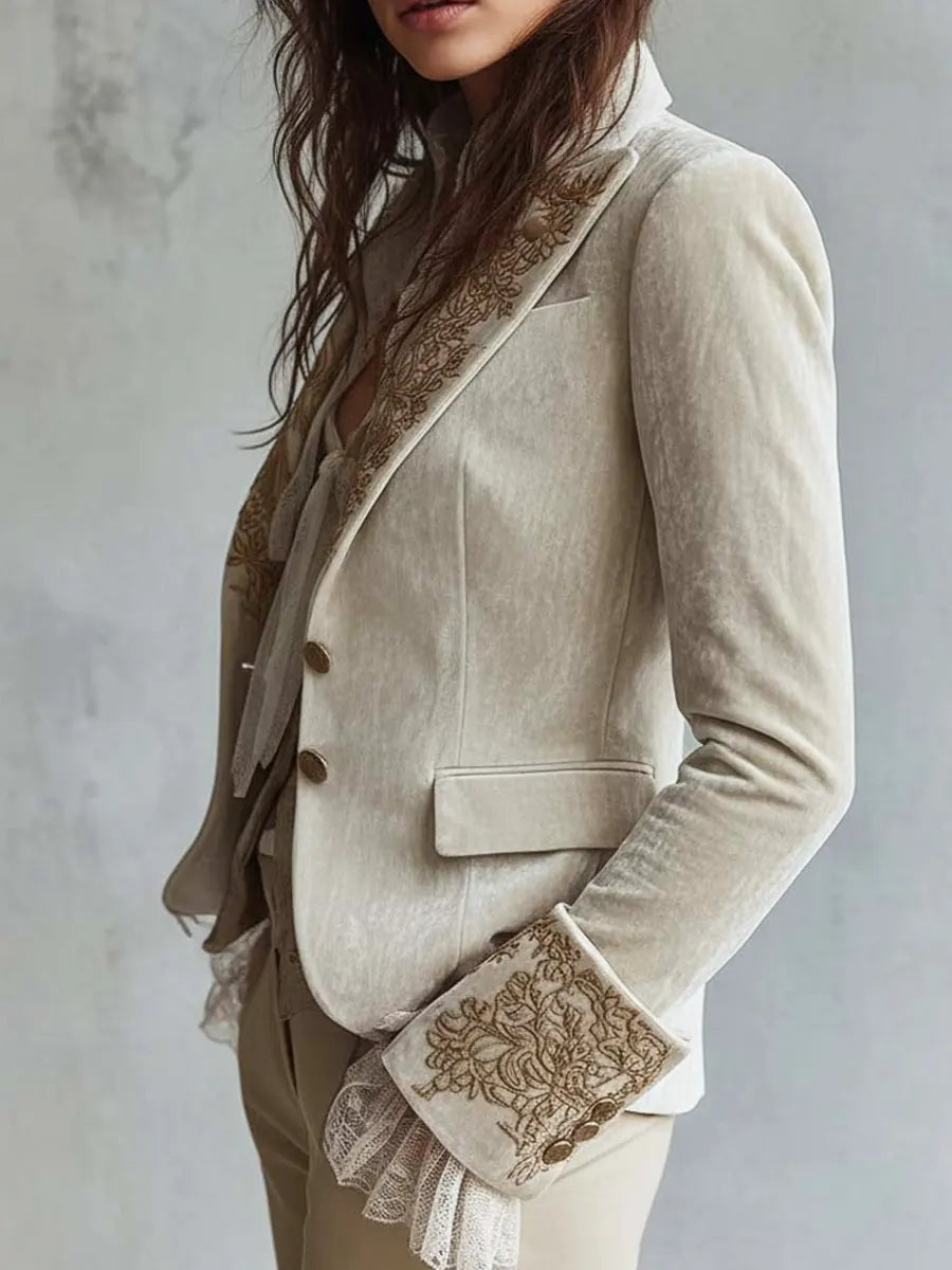 Retro Elegant Floral Art Casual Stylish Long Sleeve Velvet Blazer Coat
