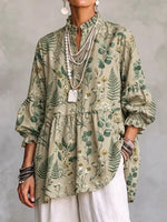 Retro Floral Art Pattern Print Ruffle Casual Stylish Cotton Linen Shirt