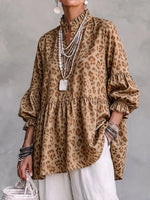 Retro Leopard Art Pattern Print Ruffle Casual Stylish Cotton Linen Shirt