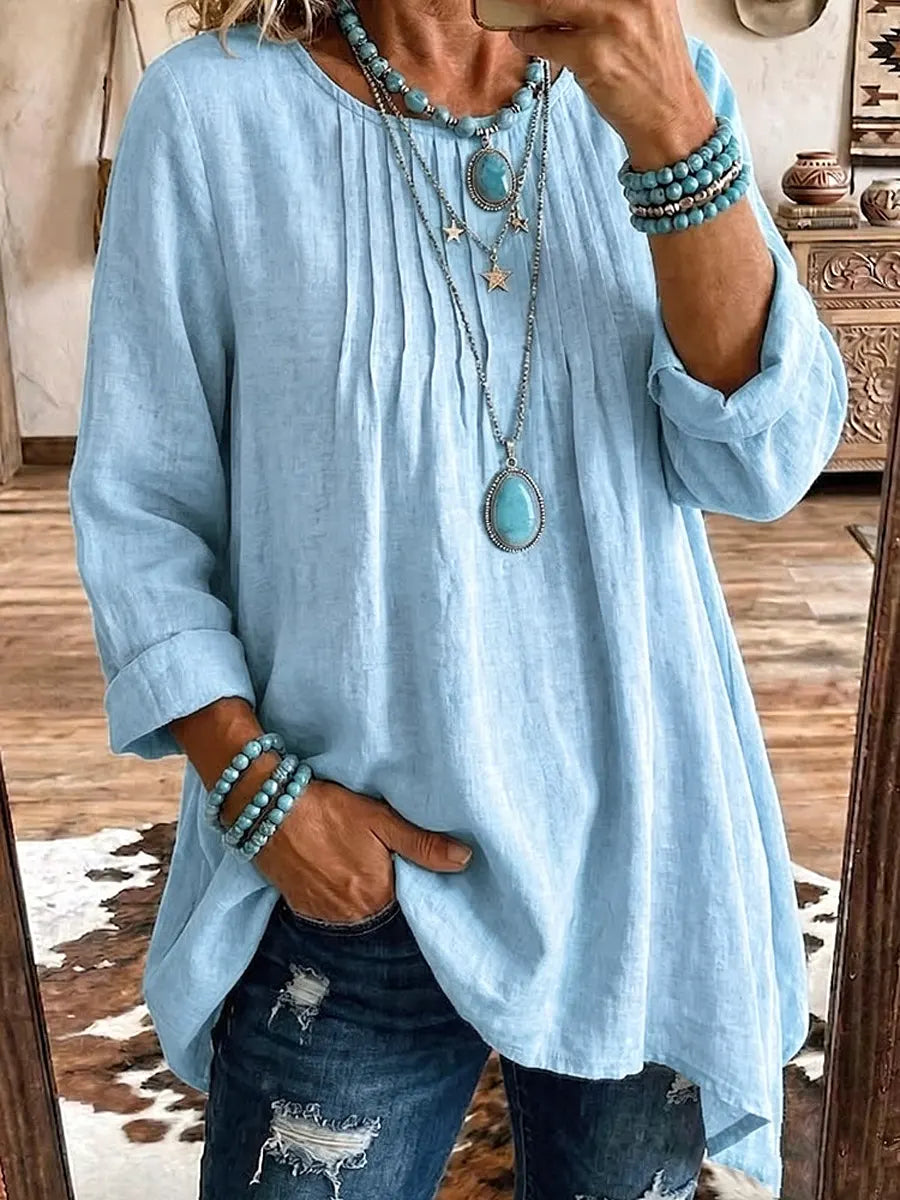 Solid Color Round Neck Art Casual Long Sleeve Cotton Linen Shirt