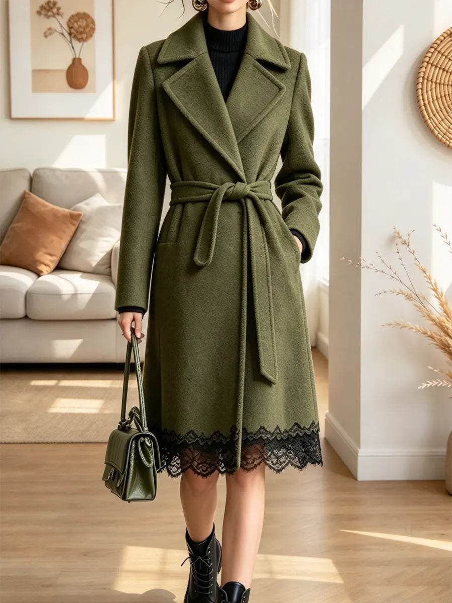Retro Chic Lapel Wool Blend Lace Patchwork Art Casual Stylish Long Sleeve Coat