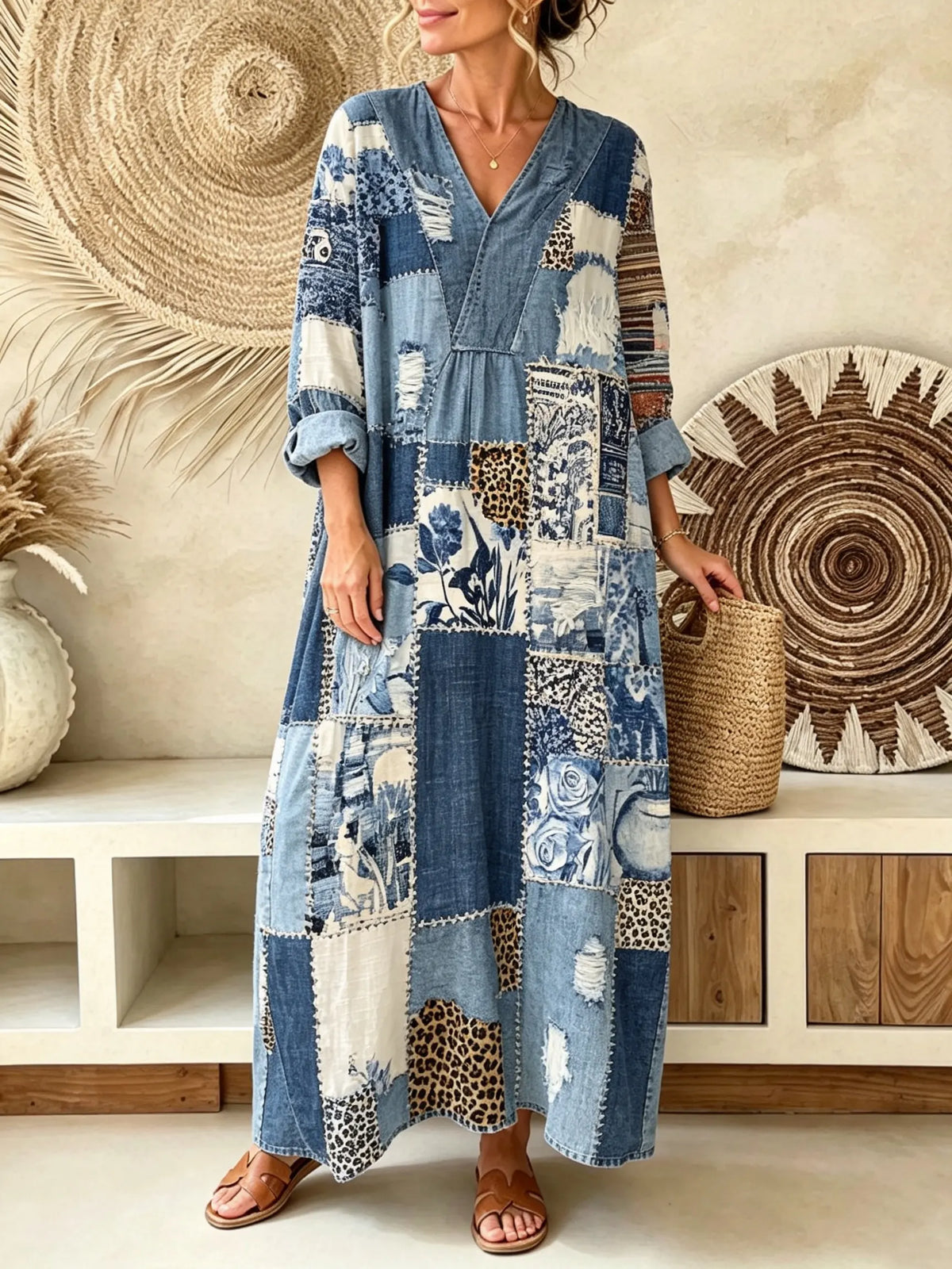 Women Vintage Patchwork Leopard Floral V-Neck 3/4 Sleeve Maxi Dress
