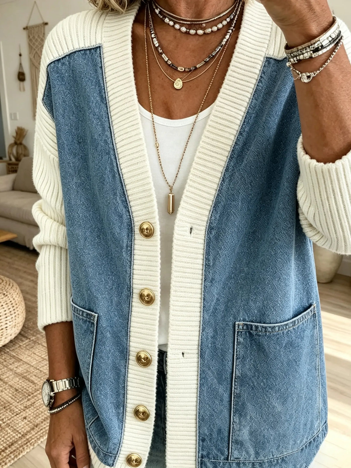 Women Denim Knit Spliced V‑Neck Cardigan