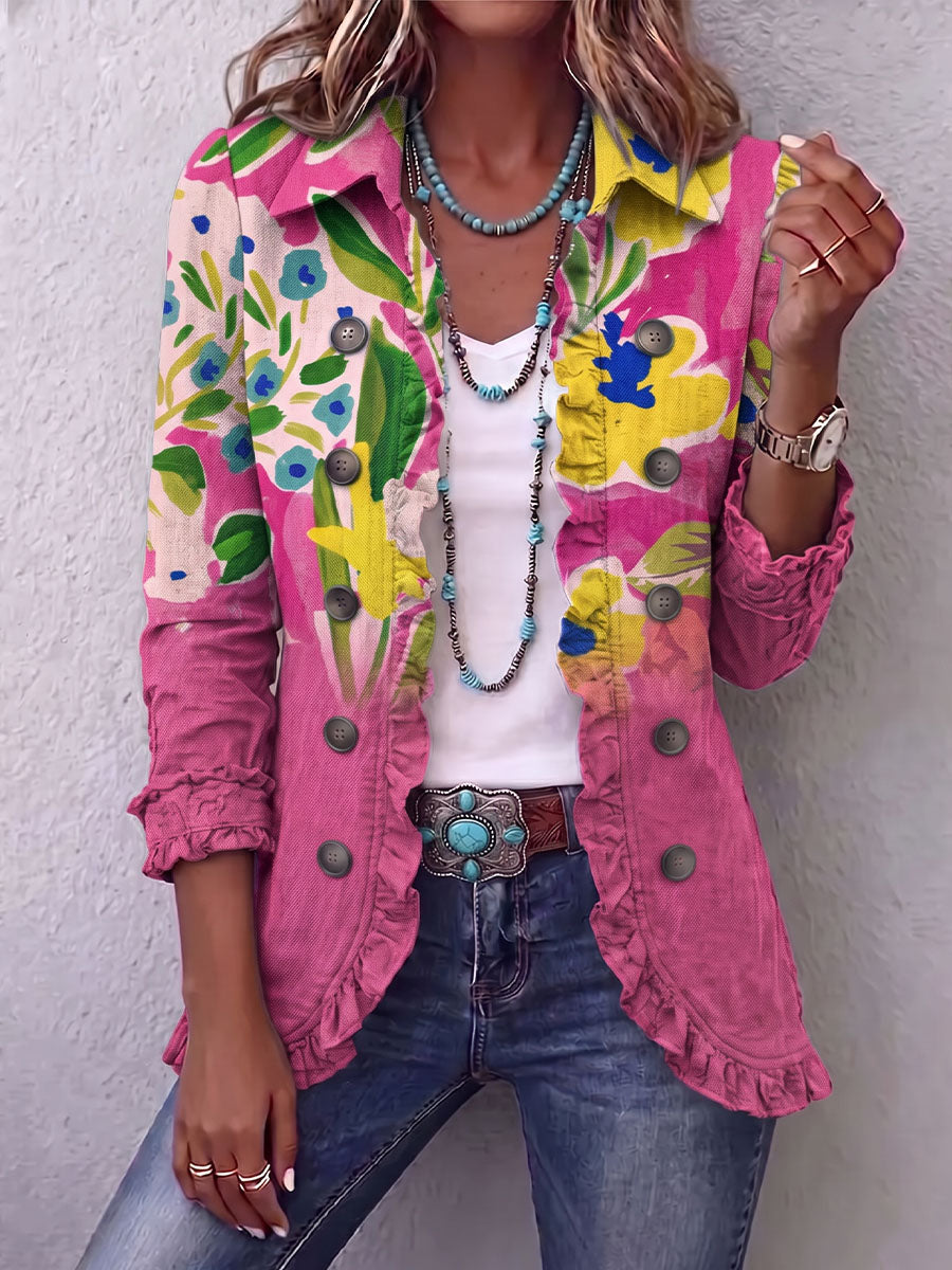 Vintage Elegant Pattern Patchwork Ruffled Jacket