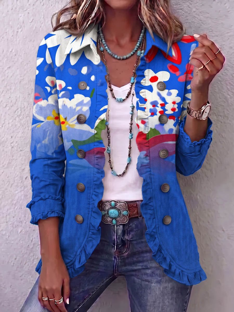 Vintage Elegant Pattern Patchwork Ruffled Jacket