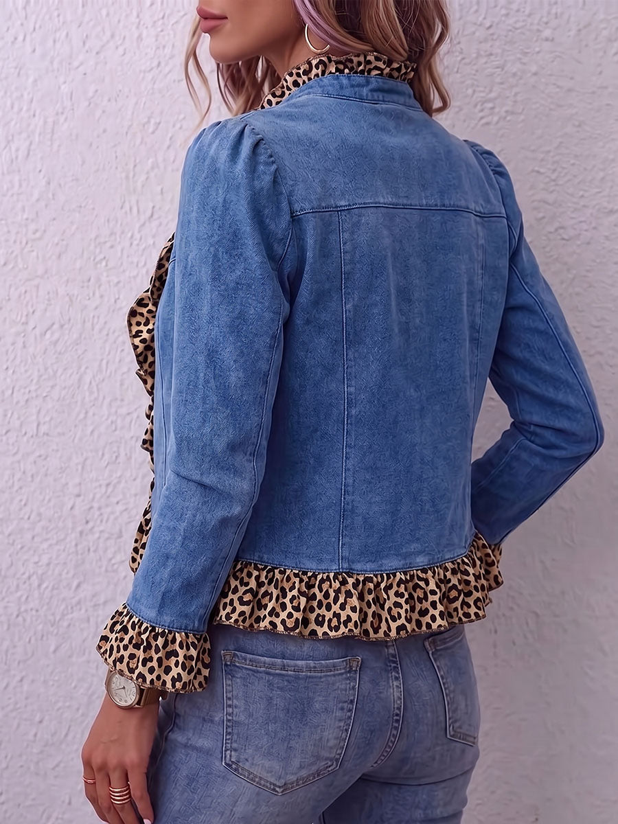 Vintage Elegant Denim Patchwork Leopard Print Ruffled Jacket