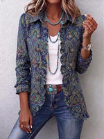Retro Ethnic Floral Art Pattern Print Ruffle Casual Stylish Cotton Lapel Coat