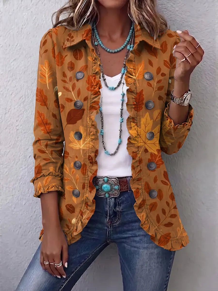 Retro Autumn Leaf Pattern Art Print Ruffle Casual Stylish Cotton Lapel Coat