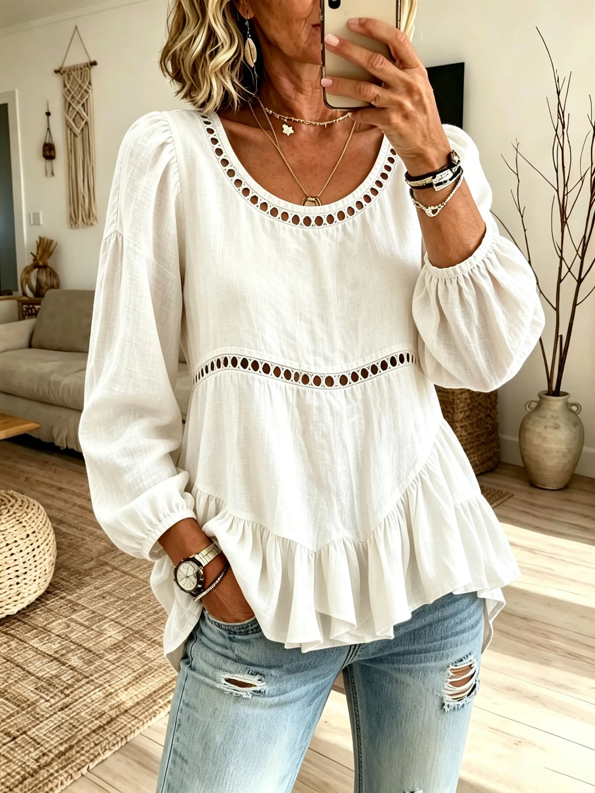Women Solid Hollow Spliced Puff Sleeve Ruffle Hem Linen Blouse
