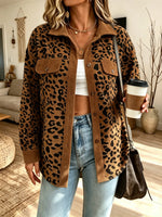 Women Leopard Print Corduroy Collared Jacket