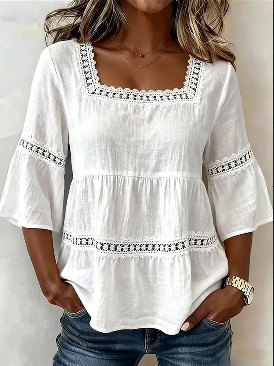 Retro Elegant Lace Floral Hollow Square Collar Casual Stylish Cotton Shirt