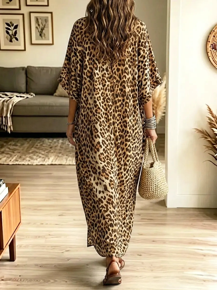 Retro Leopard Pattern Art Print Casual Stylish Cotton Linen Maxi Dress