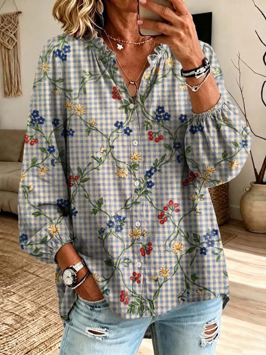 Retro Floral Pattern Art Print Casual Long Sleeve Cotton Linen Shirt