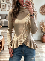 Elegant Ribbed Turtleneck Peplum Sweater with Asymmetrical Button Detail