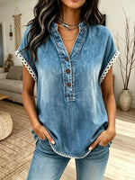 Women's Solid Wash Denim Lace Trim Short Sleeve Top