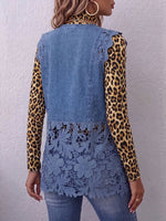 Vintage Elegant Hollowed Out Lace Patchwork Denim Ruffled Jacket Vest