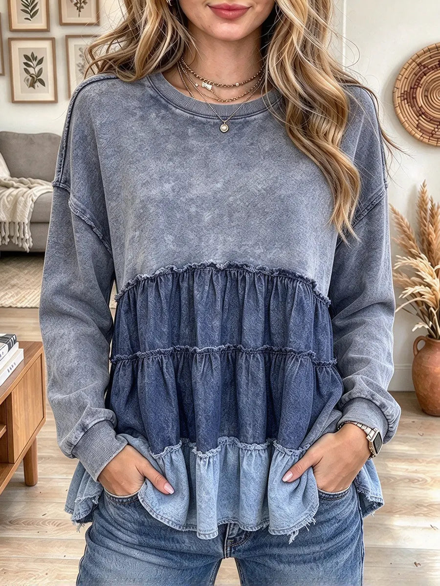 Women's Denim Patchwork Ruffled Crew Neck Long Sleeve Sweatshirt