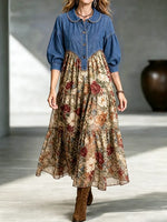 Retro Floral Pattern Art Print Casual Stylish Peter Pan Collar Denim Chiffon Patchwork Dress