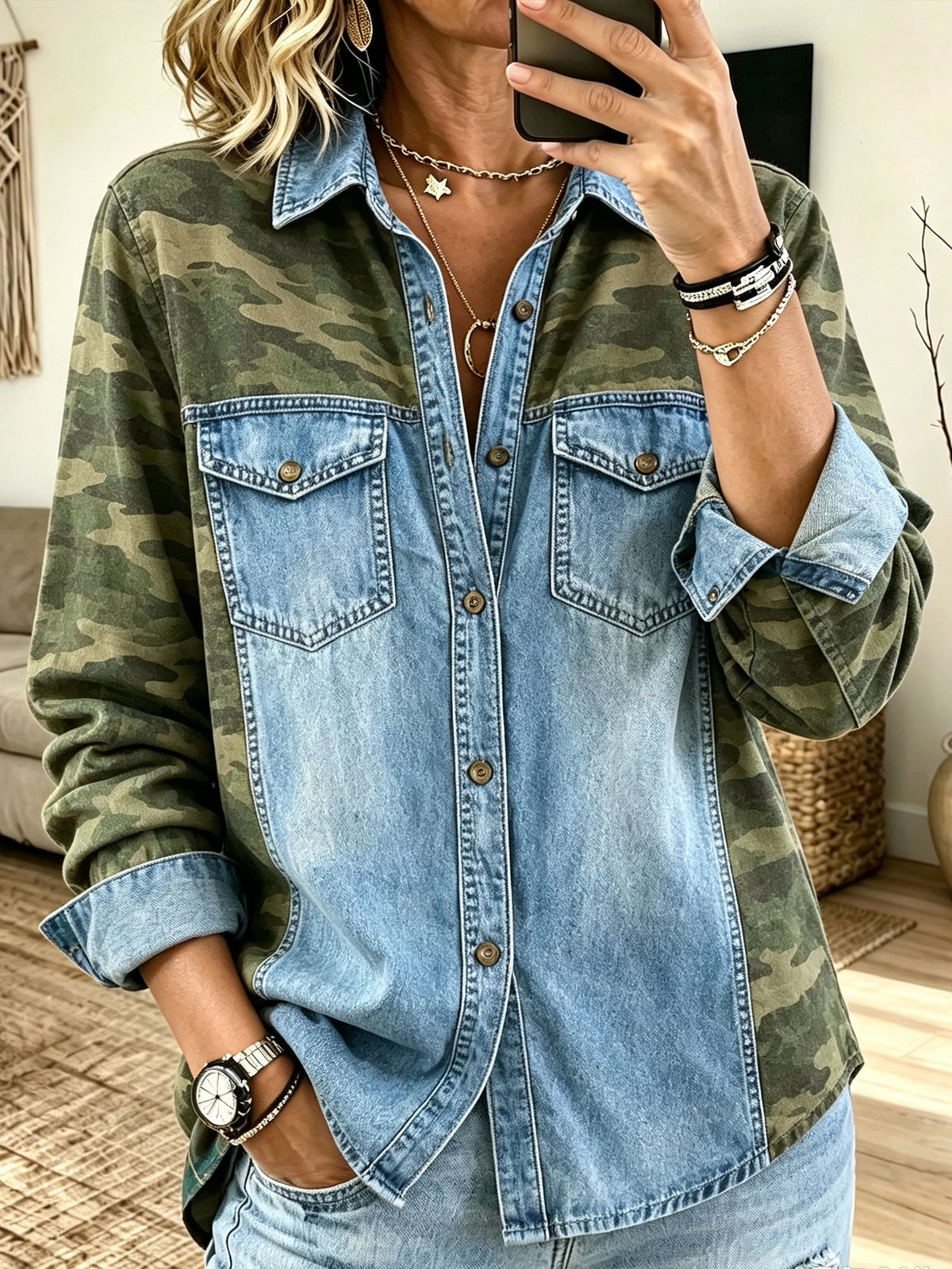 Women Camo Denim Color‑Block Long Sleeve Button Down Shirt