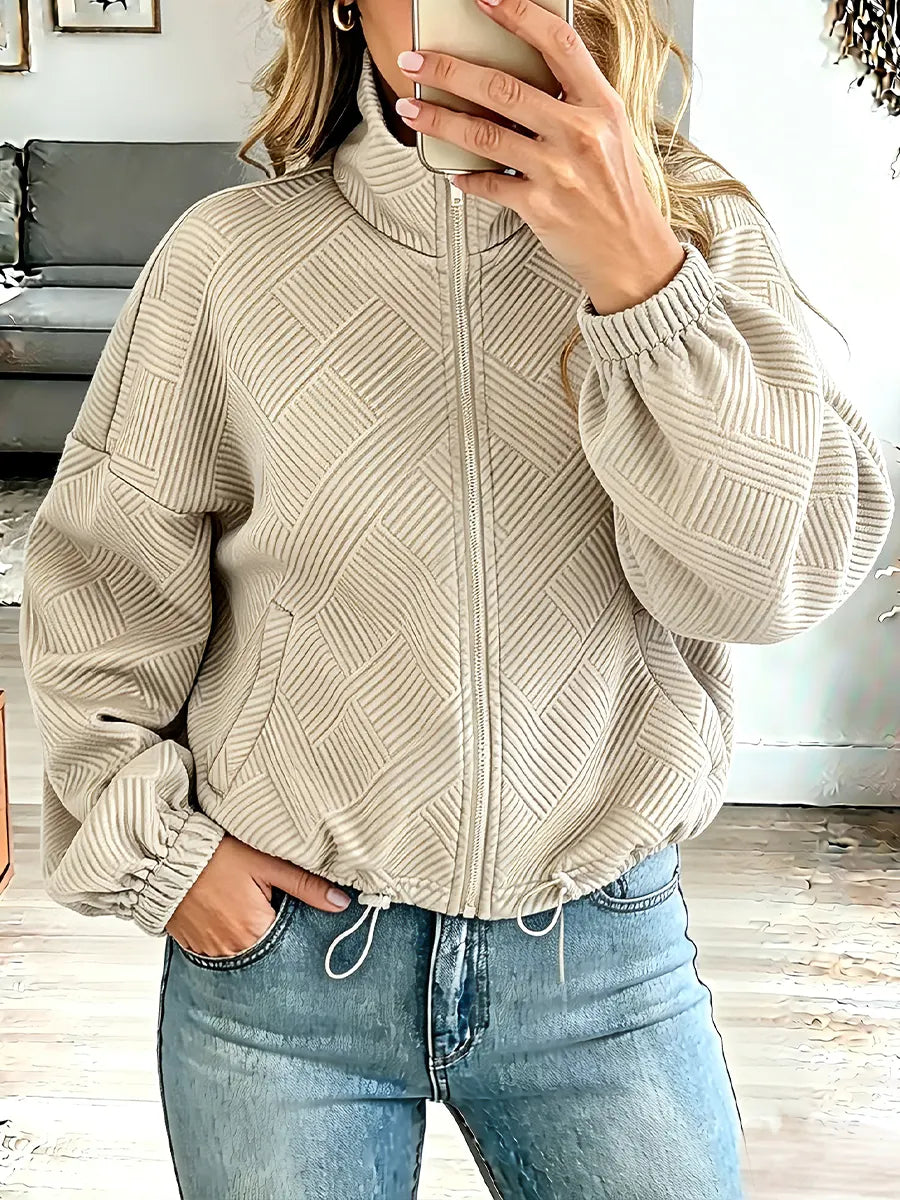 Vintage Elegant Textured High-neck Zip-up Loose-fit Baseball Jacket