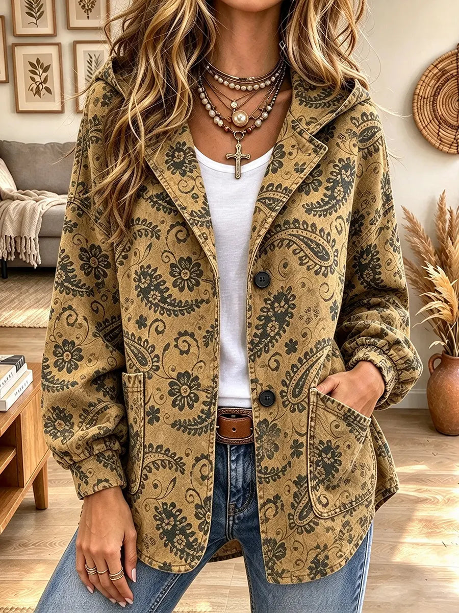 Women's Vintage Paisley Floral Print Hooded Jacket