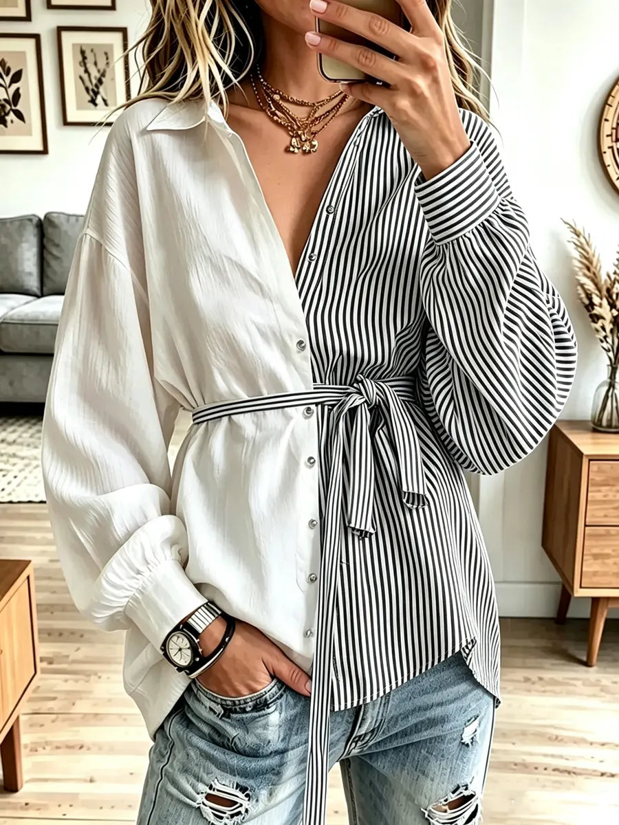 Retro Block Stripe Art Casual Stylish Long Sleeve Cotton Long Shirt